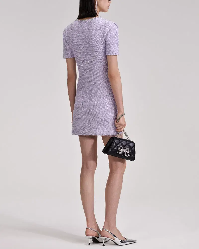 Self Portrait Sequined Knit Mini Dress With Crystals Lilac Size 8 for rent on The Volte - main image