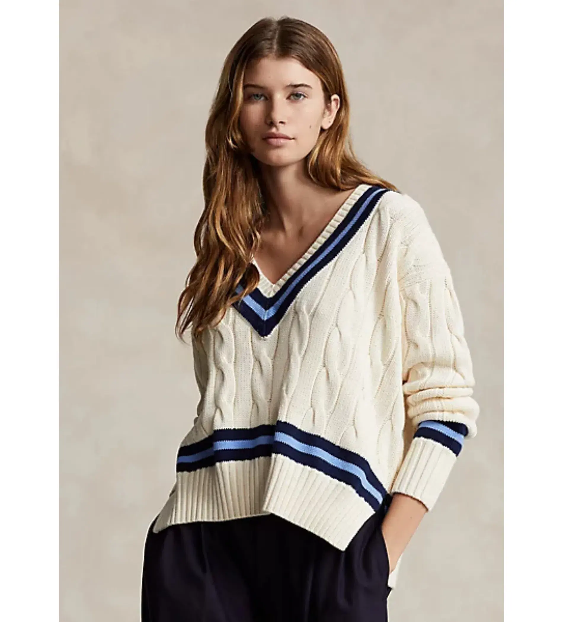 Polo Ralph Lauren Knitted V Neck Cricket Jumper With Stripe In Cream Size 10 - Image 1