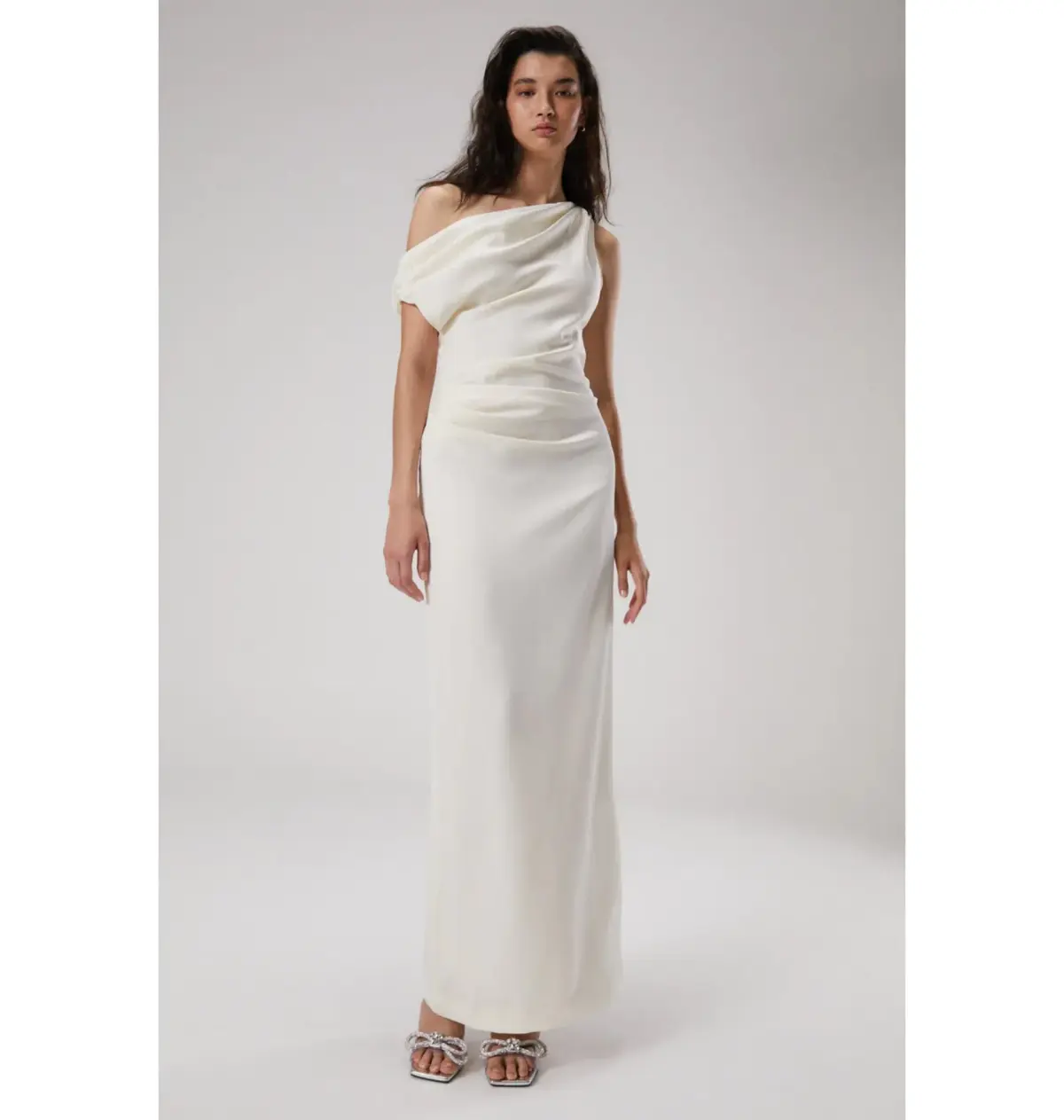 Misha Aster Drape Shoulder Satin Maxi Dress Antique White 8/S - Image 1