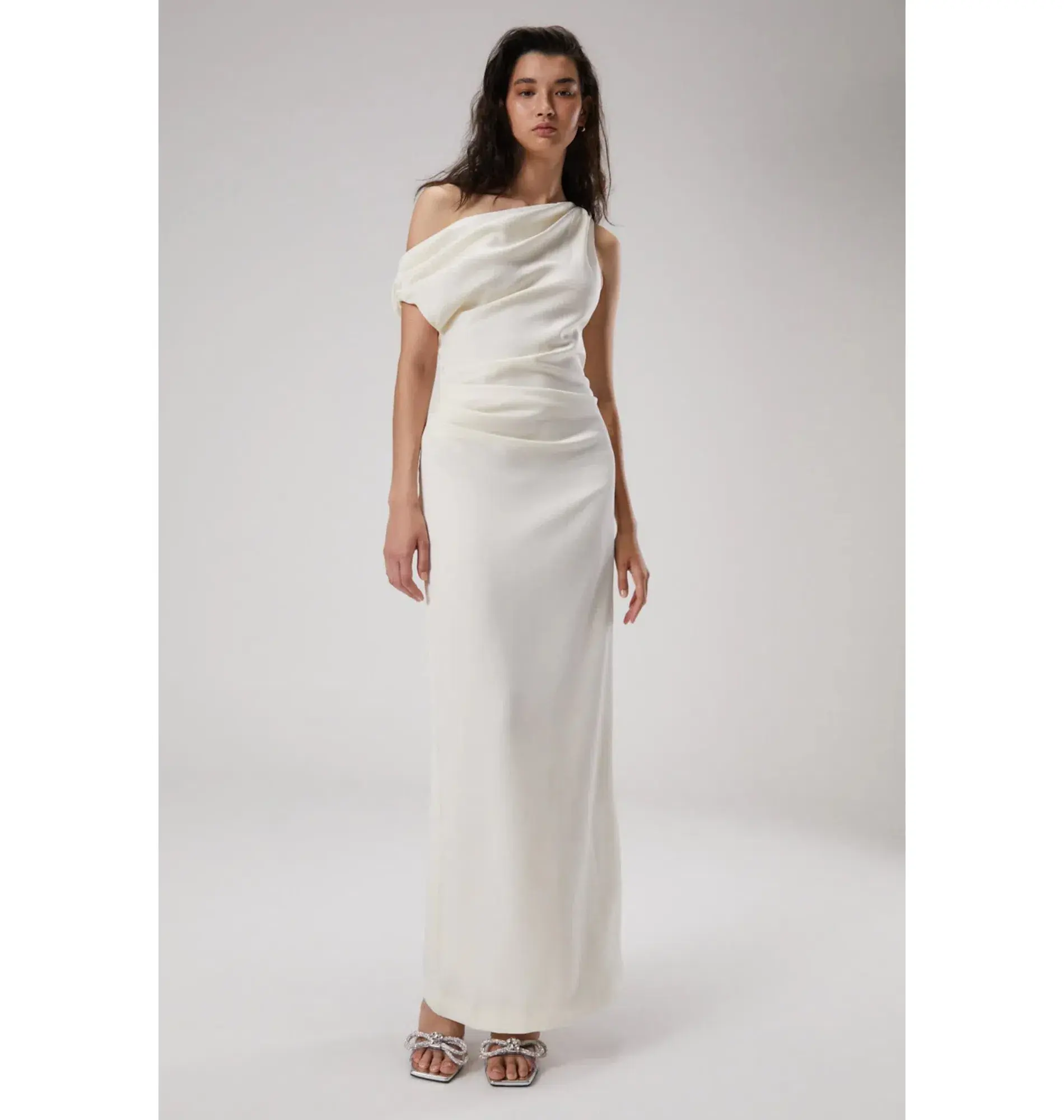 Misha Aster Drape Shoulder Satin Maxi Dress Antique White 8/S - Image 1