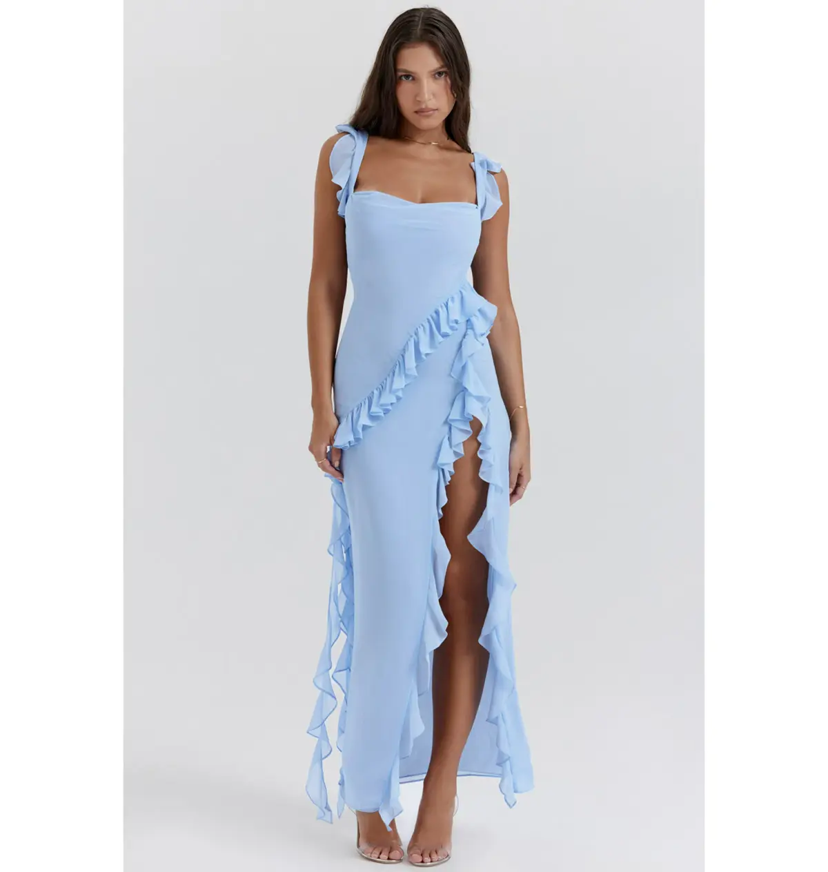 House Of CB Ariela Ruffle Maxi Dress Soft Blue Size Small / AU 8 - Image 1
