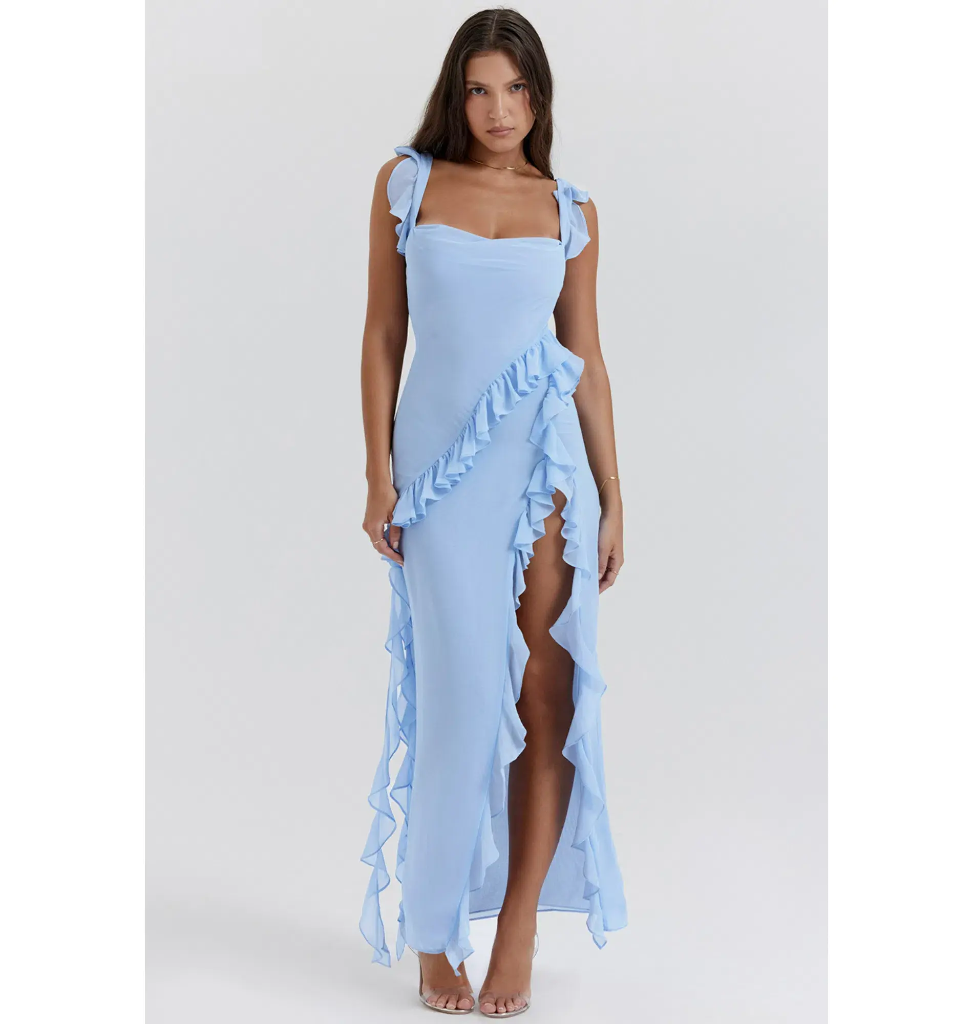 House Of CB Ariela Ruffle Maxi Dress Soft Blue Size Small / AU 8 - Image 1