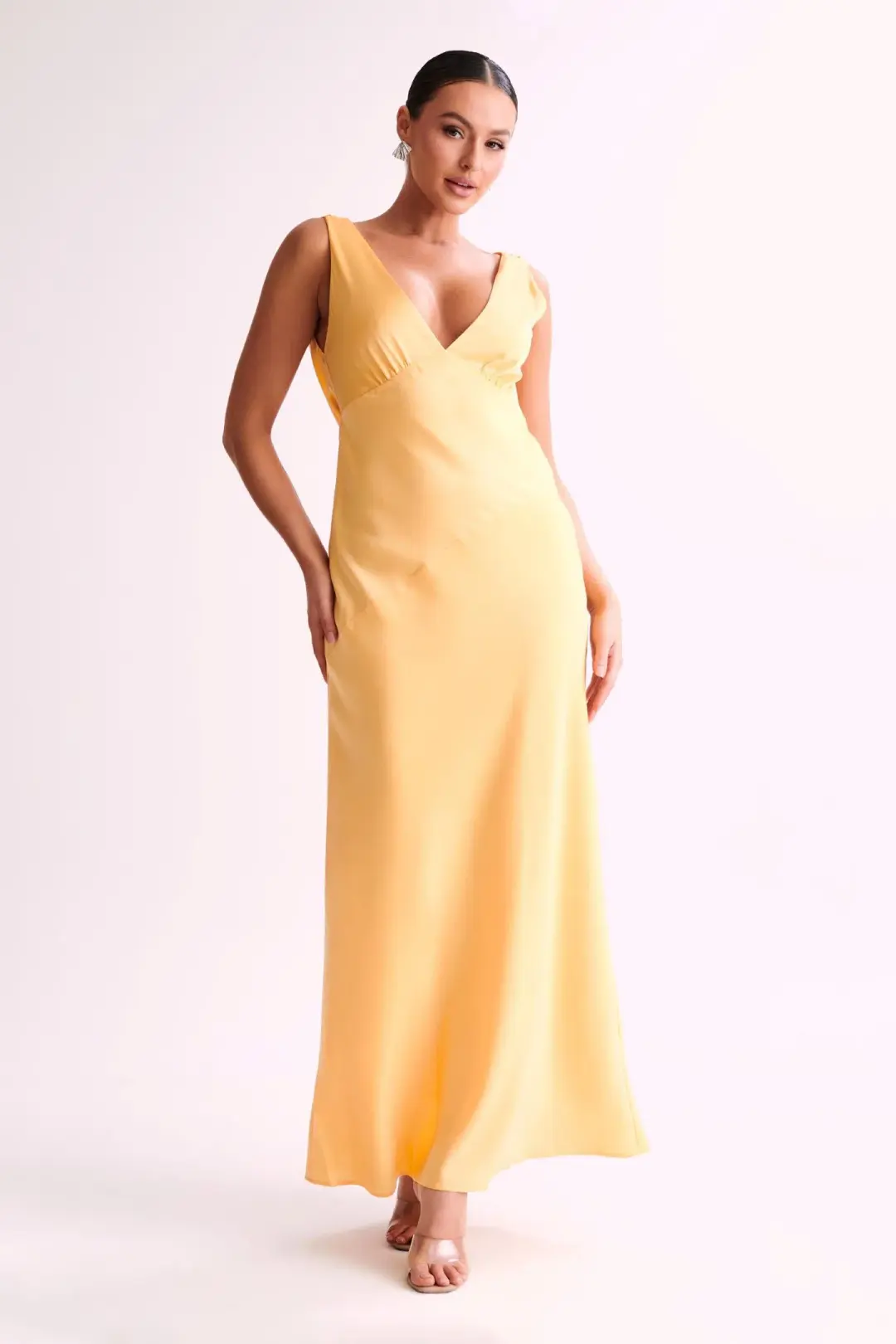 Meshki Nadia Satin Dress with Back Cowl Lemon Size XS/ AU 6 for rent on The Volte - main image