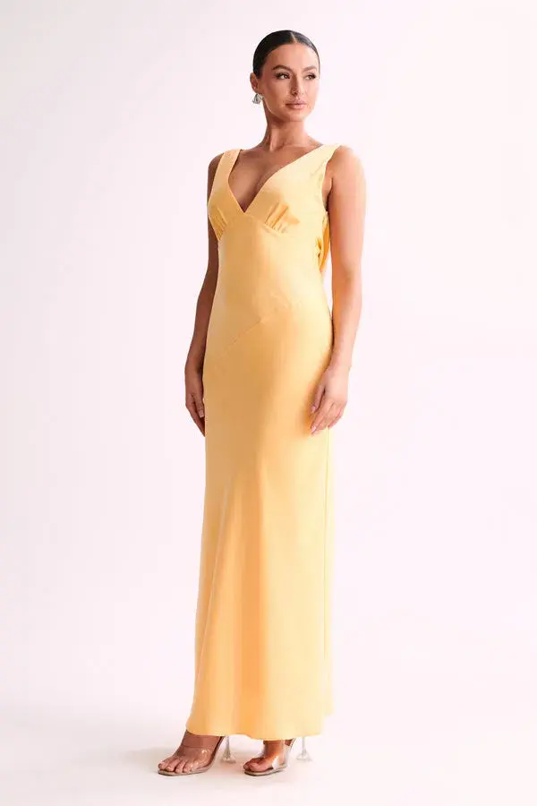 Meshki Nadia Satin Dress with Back Cowl Lemon Size XS/ AU 6 for rent on The Volte - main image