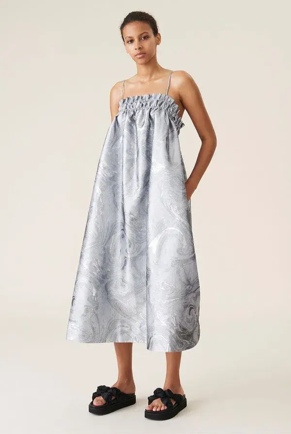 Ganni Shiny Jacquard Strap Dress Sliver Metallic Size 10 - Image 1