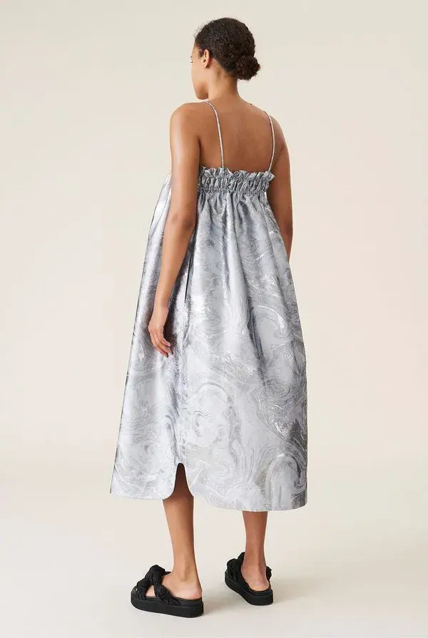 Ganni Shiny Jacquard Strap Dress Sliver Metallic Size 10 - Image 4