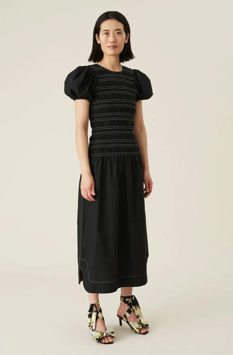 Ganni Poplin Shirred Dress Black Size 38/ AU 10 - Image 1