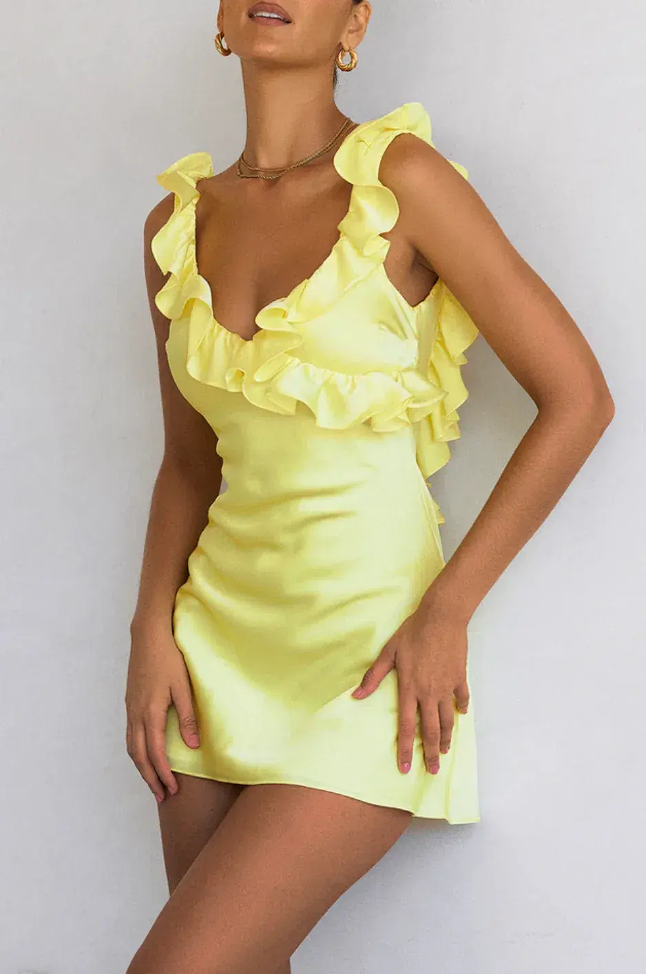 House of CB Tink  Satin Ruffle Mini Dress Buttercup Size 8 for rent on The Volte - main image