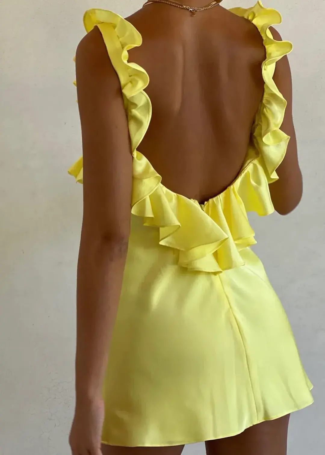 House of CB Tink  Satin Ruffle Mini Dress Buttercup Size 8 for rent on The Volte - main image