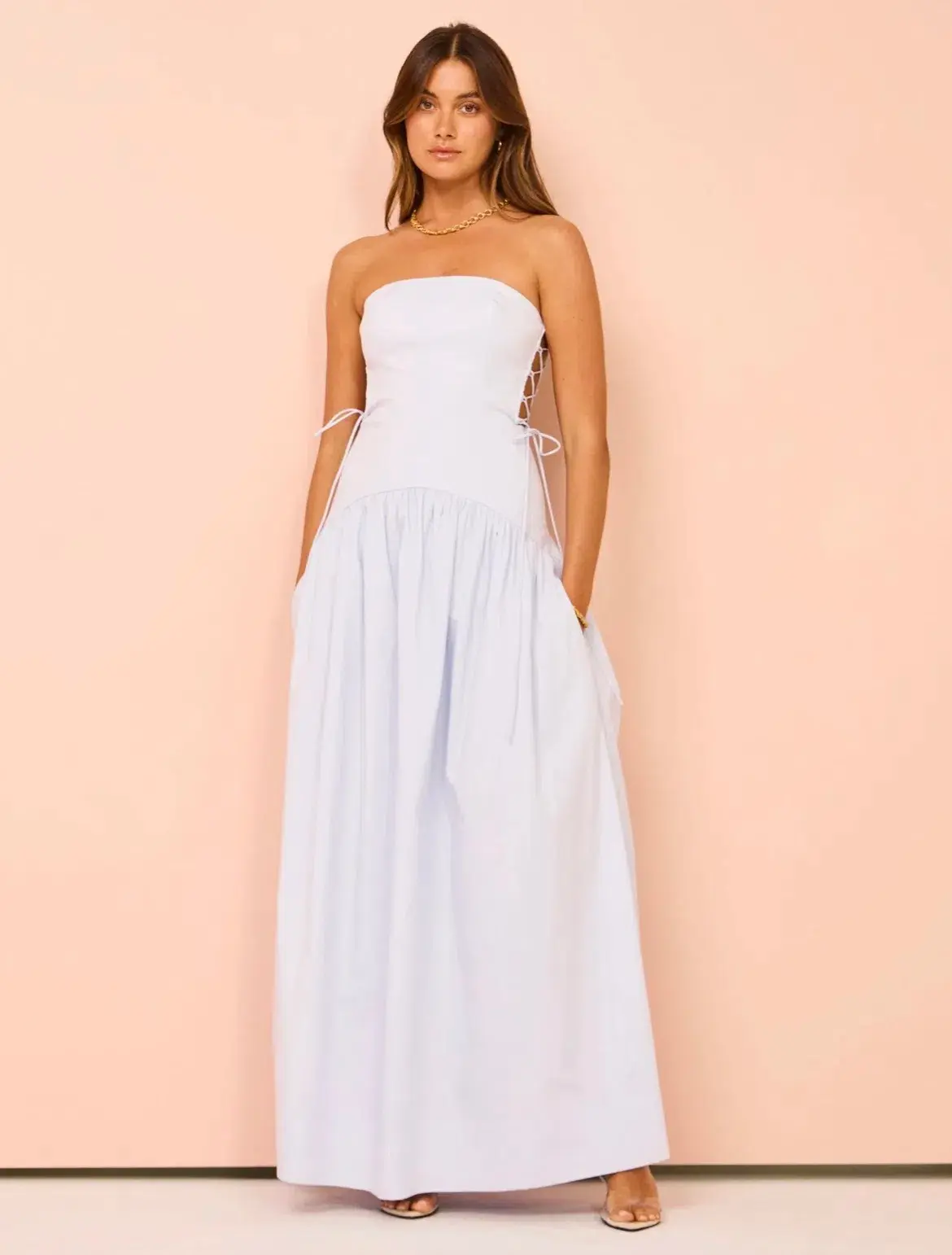 Shona Joy Amada Lace Up Strapless Maxi Dress Ice Blue Size 10 - Image 1