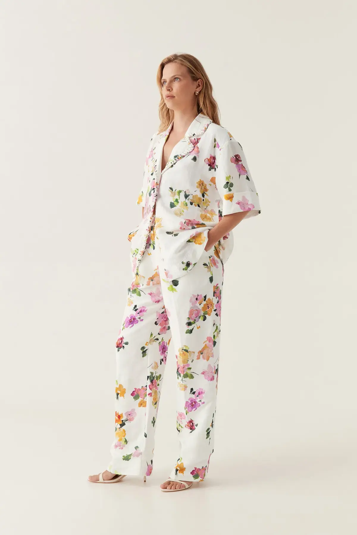 Aje Constance Whipstitch Shirt  And Portray Pants Set White Floral Size 14  - Image 2