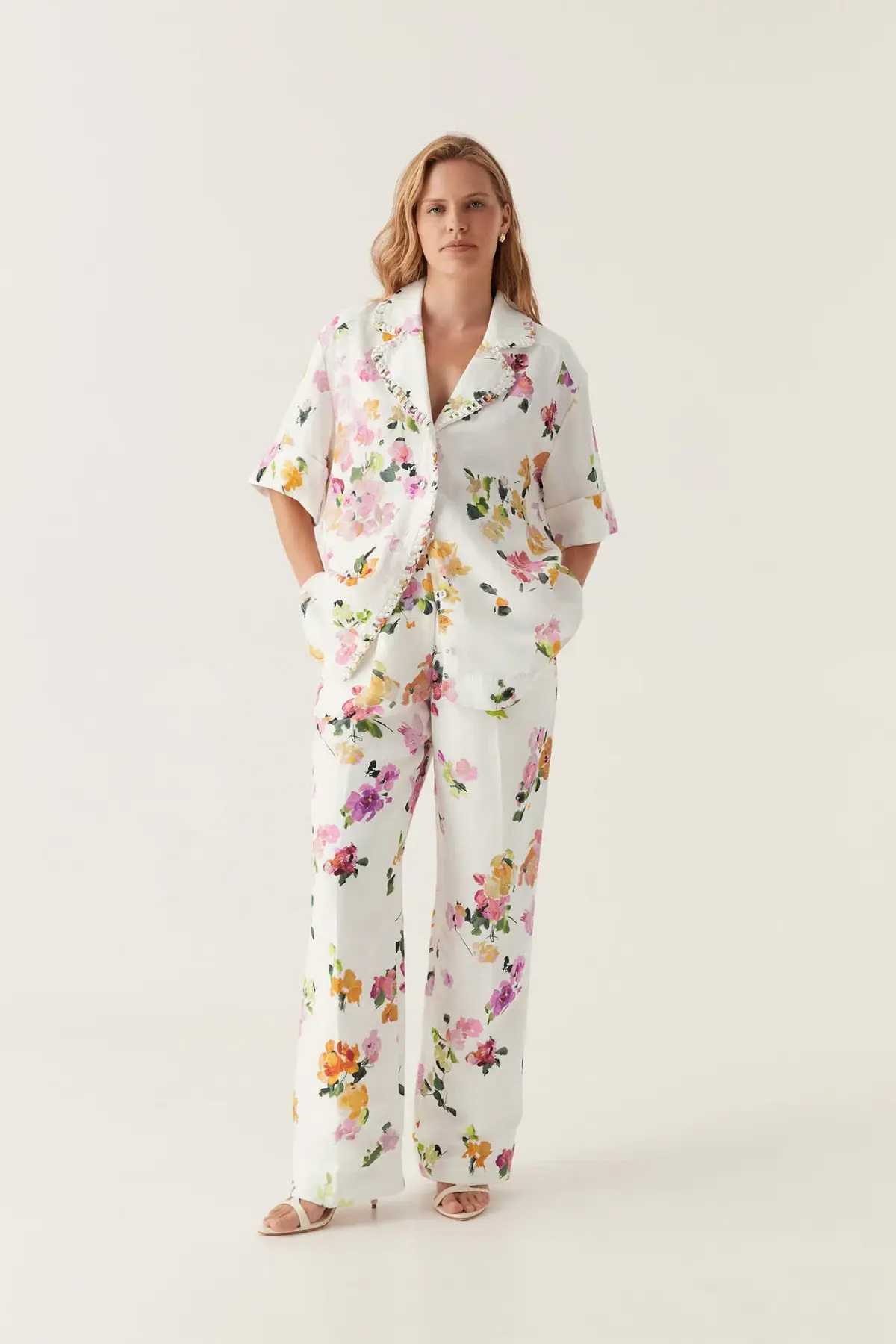 Aje Constance Whipstitch Shirt  And Portray Pants Set White Floral Size 14  - Image 1