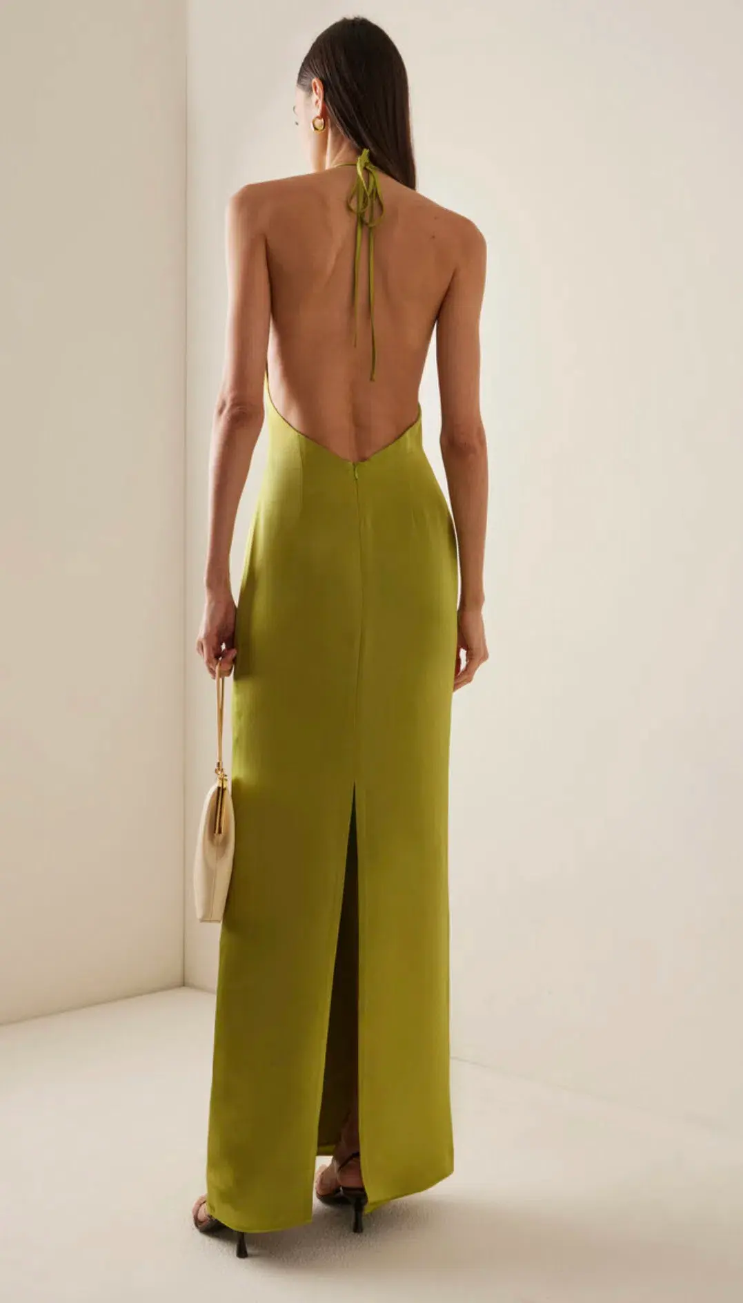 STAUD Janet Satin Halterneck Maxi Dress Lime Green Size 8  - Image 3