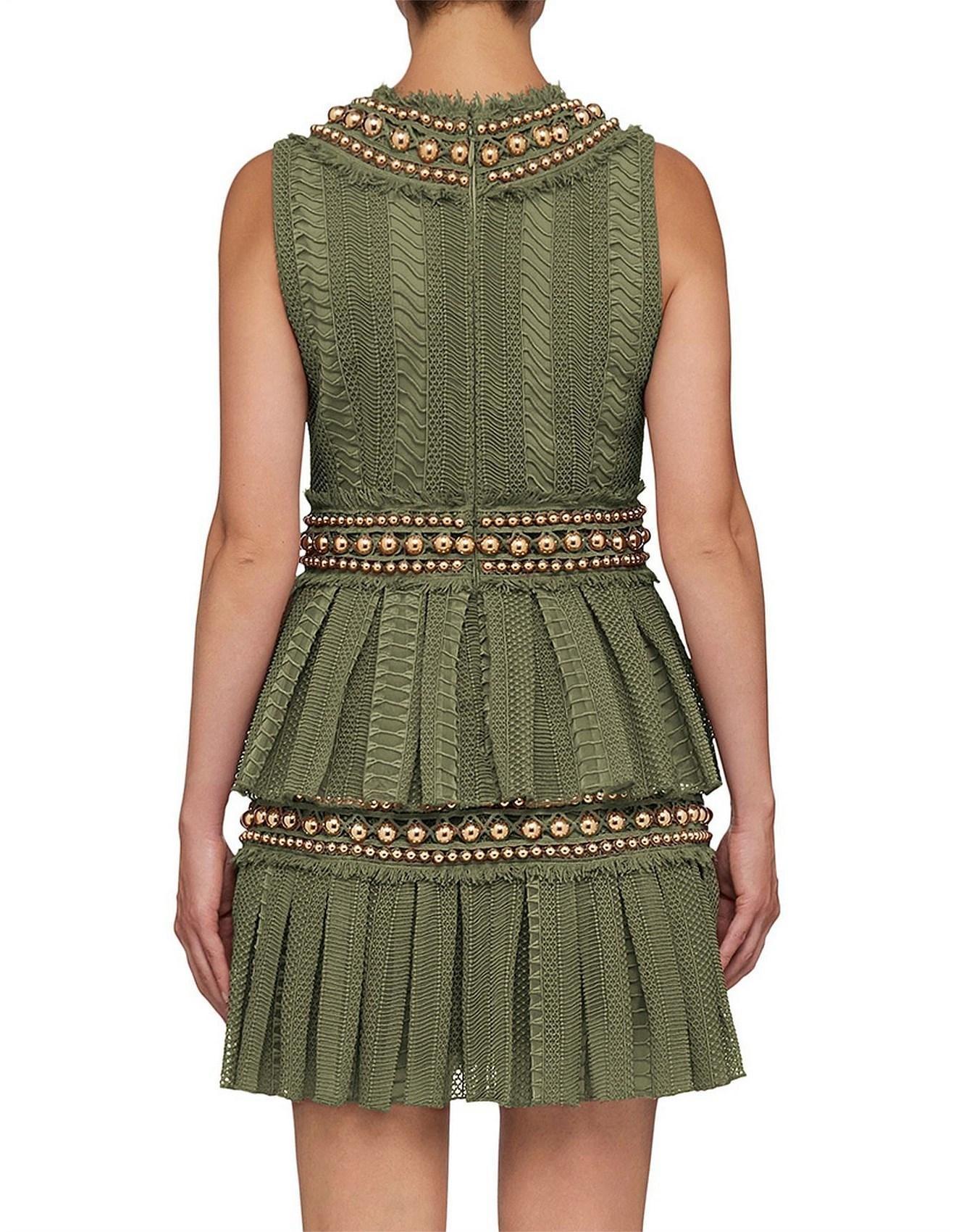 Khaki Lace Pleat Mini Dress Size 8 - Image 3