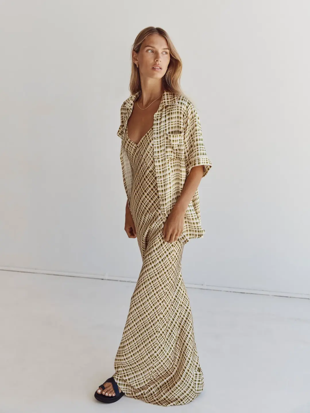 Dissh Dilan Vacation Shirt and Satin Slip Dress Set Print Size 6 for rent on The Volte - main image