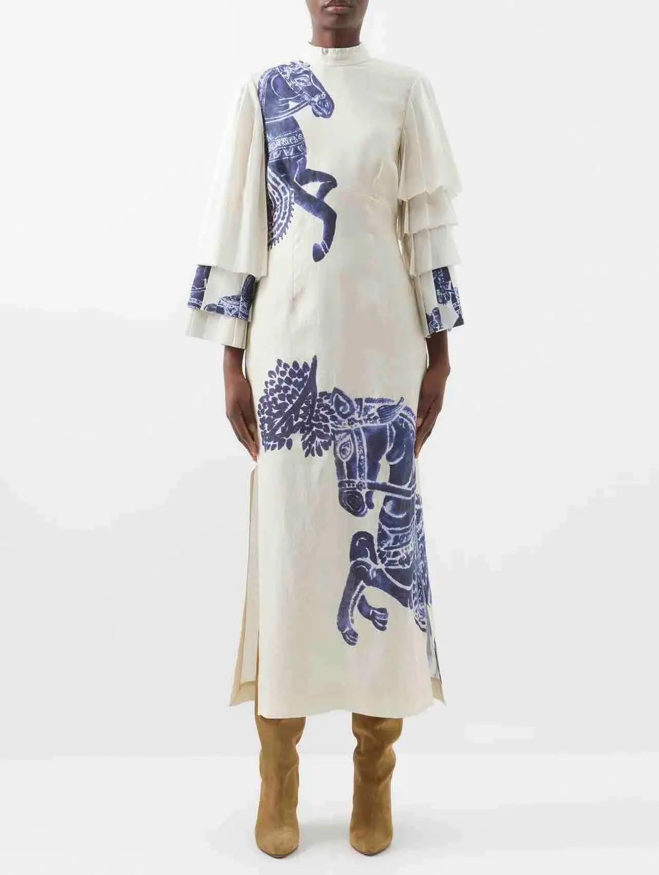Alemais Rider Pleat Sleeve Midi Dress Cream/Blue Size 14 - Image 3