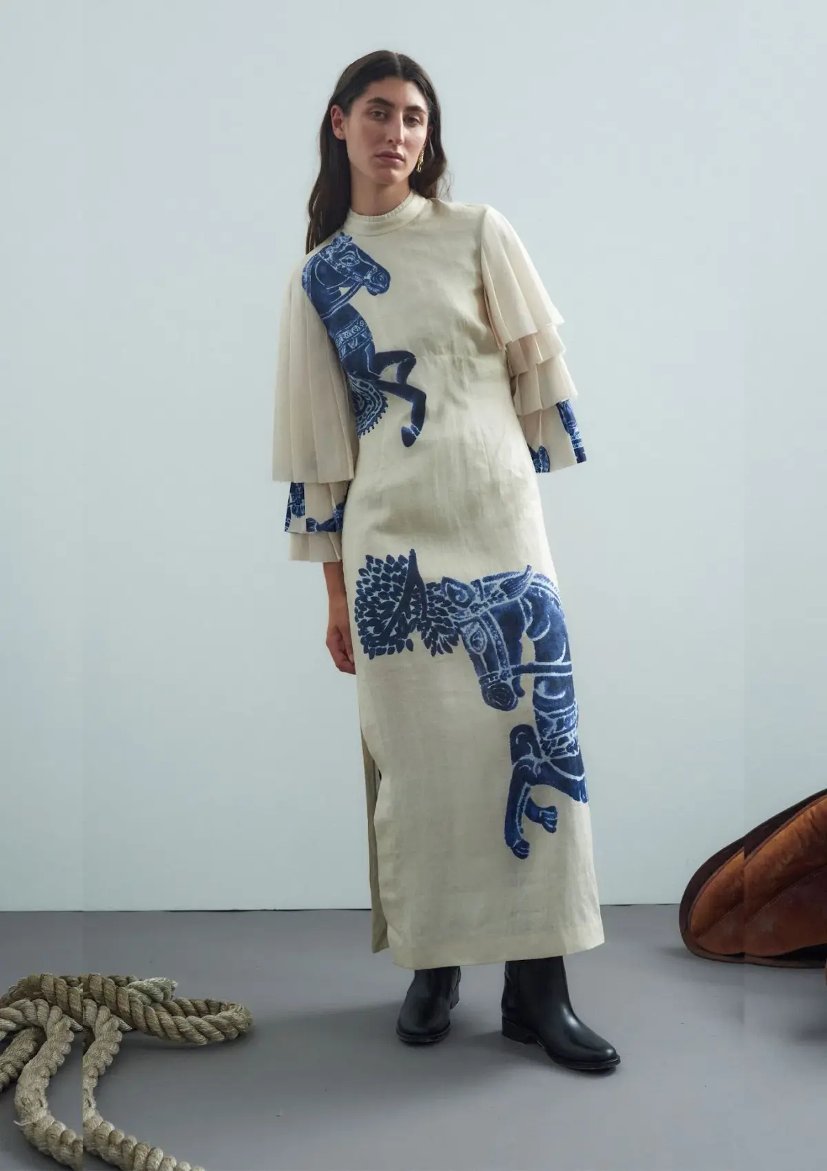 Alemais Rider Pleat Sleeve Midi Dress Cream/Blue Size 14 - Image 1