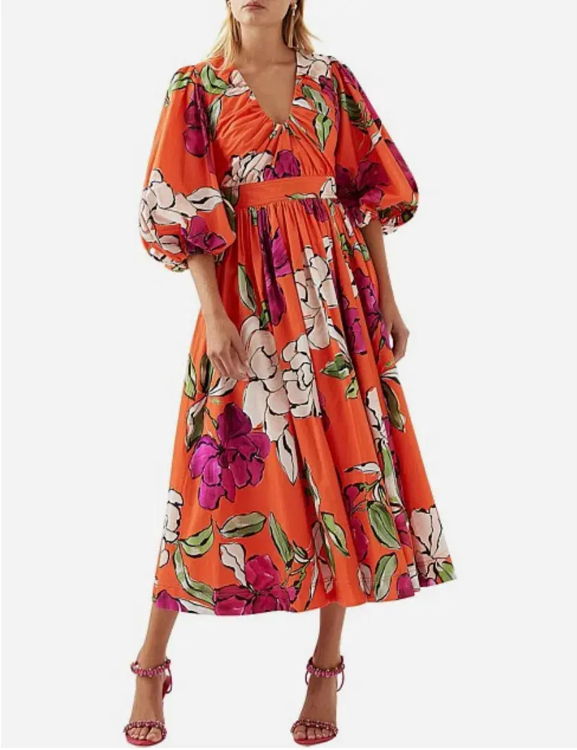 Aje Marlene Floral Midi Dress Vivid Camellia Size 4 for rent on The Volte - main image
