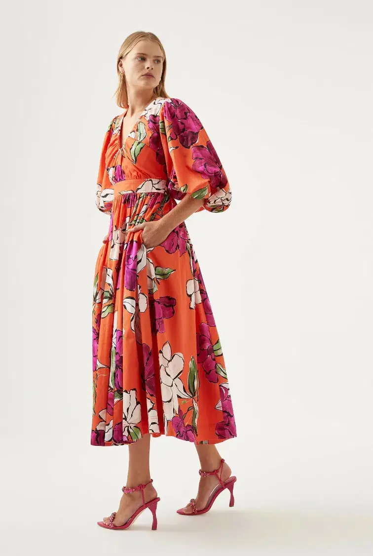 Aje Marlene Floral Midi Dress Vivid Camellia Size 4 for rent on The Volte - main image