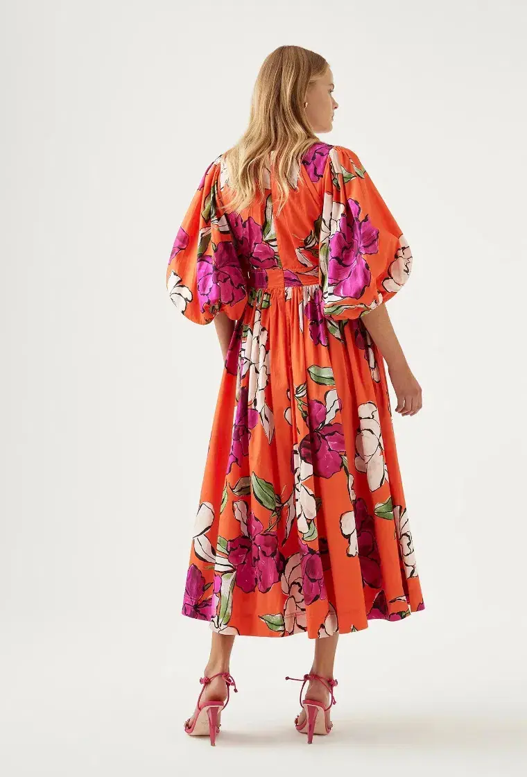 Aje Marlene Floral Midi Dress Vivid Camellia Size 4 for rent on The Volte - main image