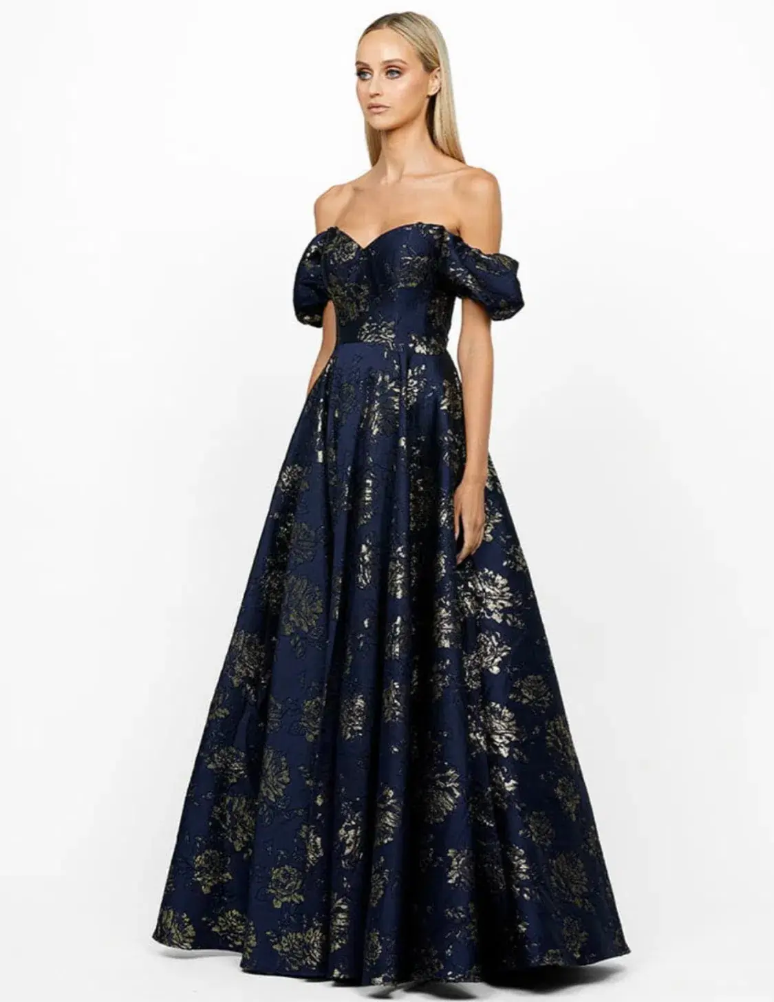 Bariano Sandy Sweetheart Off Shoulder Gown Navy/Gold Size 16 - Image 5