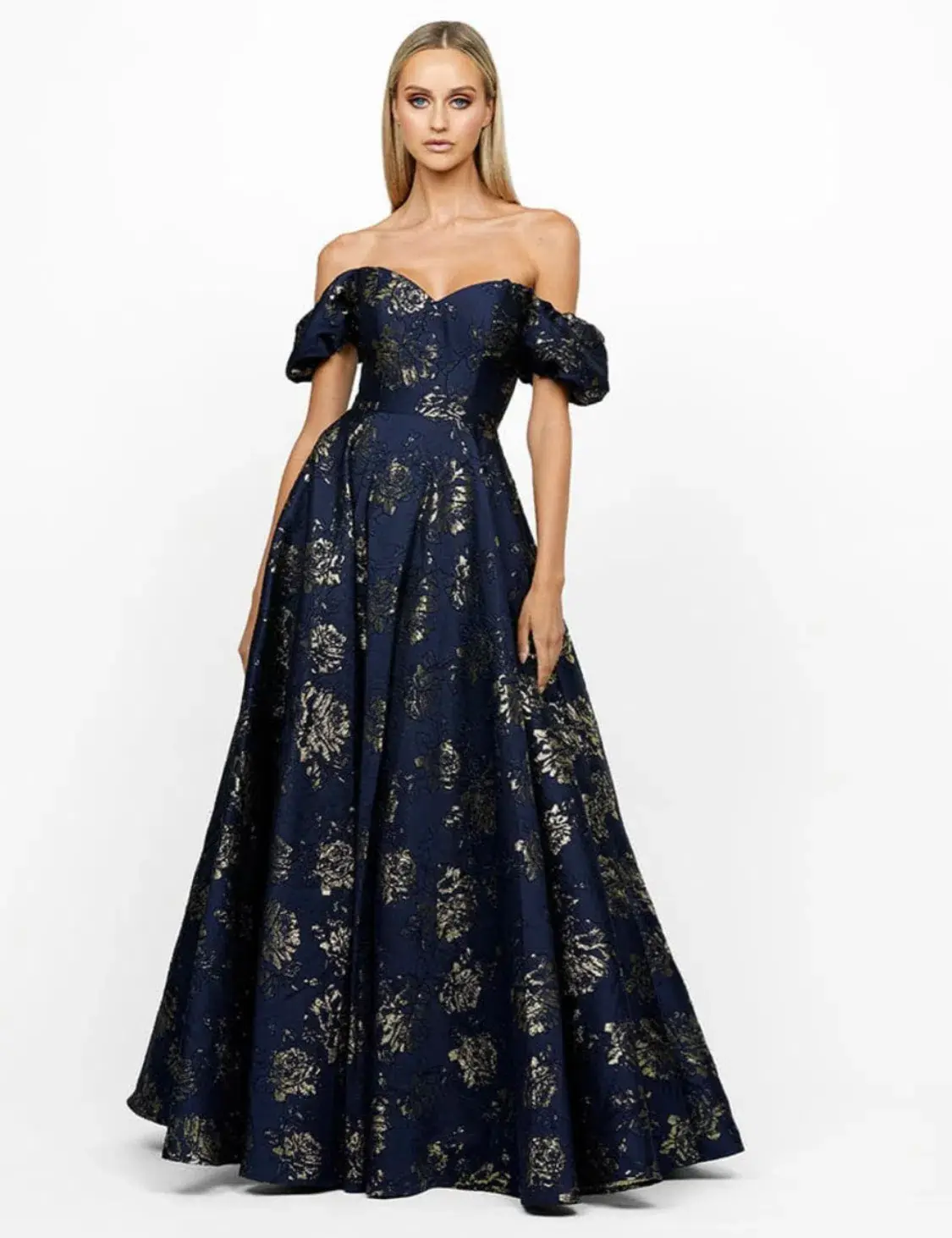 Bariano Sandy Sweetheart Off Shoulder Gown Navy/Gold Size 16 - Image 2
