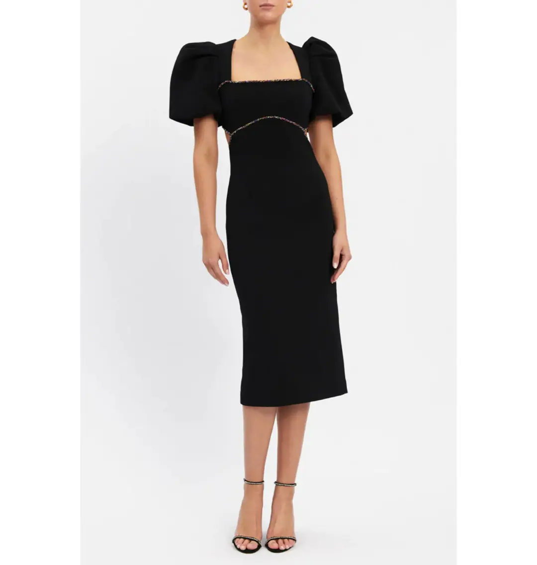Rebecca Vallance Victoria Puff Sleeve Midi Dress in Black Size S / AU 12 for rent on The Volte - main image