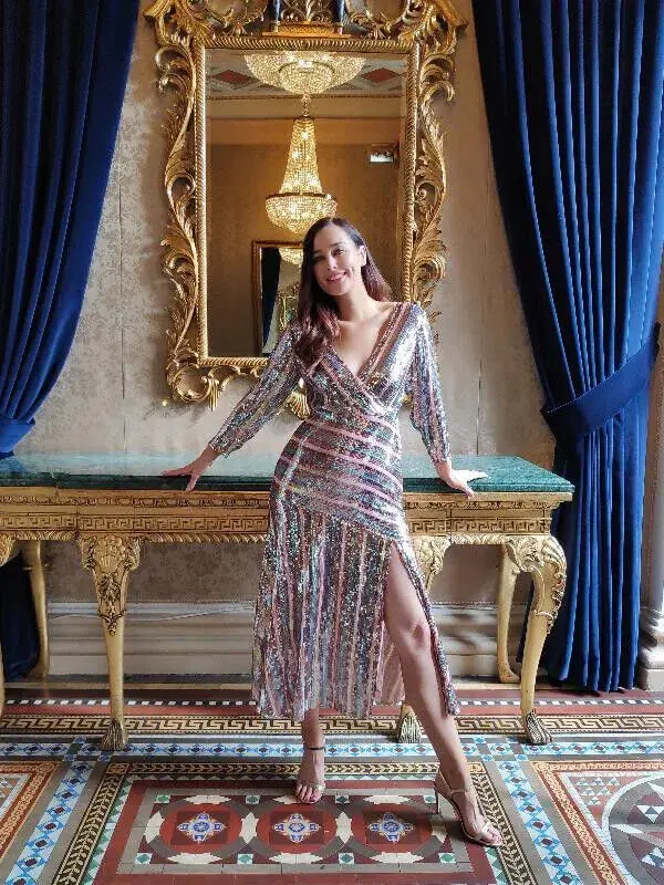 Rixo London Tyra Striped Sequined Crepe Midi Dress in Multi Size AU M for rent on The Volte - main image