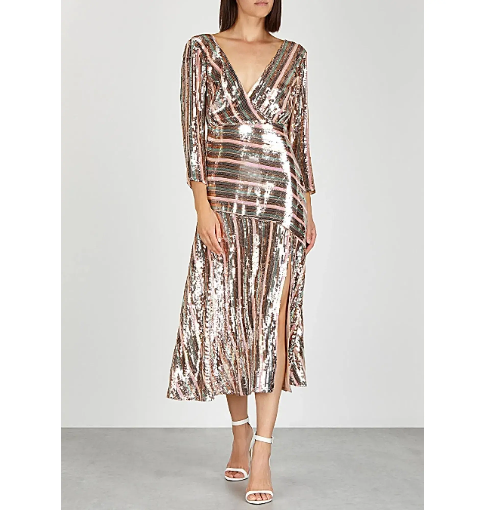 Rixo London Tyra Striped Sequined Crepe Midi Dress in Multi Size AU M - Image 1