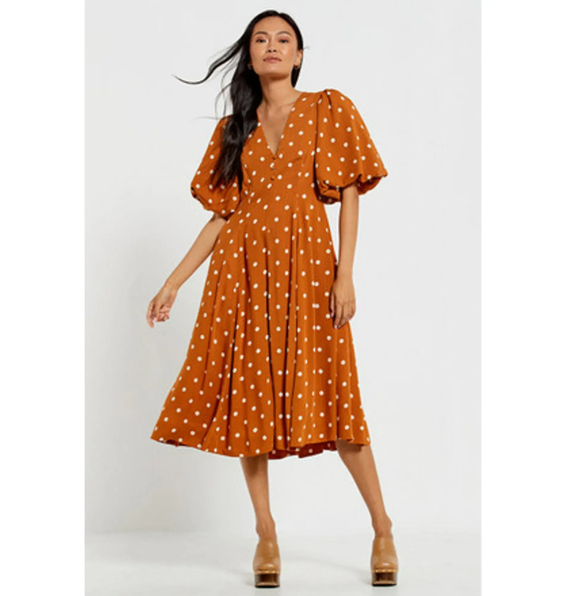 Bohemian Traders Panel Fit And Flared Midi Dress In Brown Dot Size AU 20 - Image 1