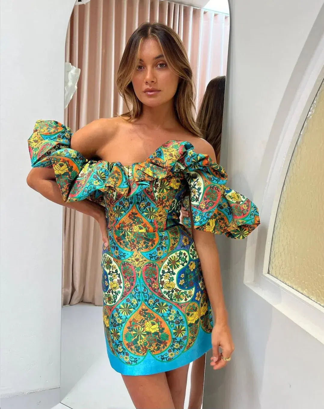 Alemais Sofie Off Shoulder Mini Dress Multi Floral Size AU 14 - Image 4