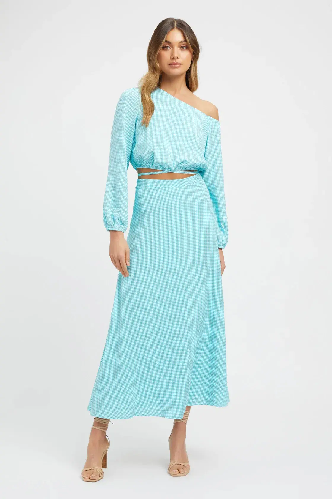 Kookai Brady Long Sleeve Top and Midi Skirt Set Aqua/White Size 36 / AU 8 - Image 1