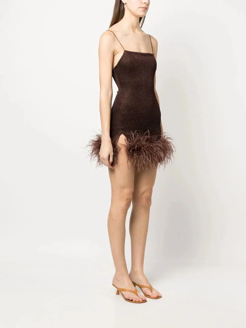 Oséree Feather Trim Glitter Mini Dress Brown Size 10 - Image 1