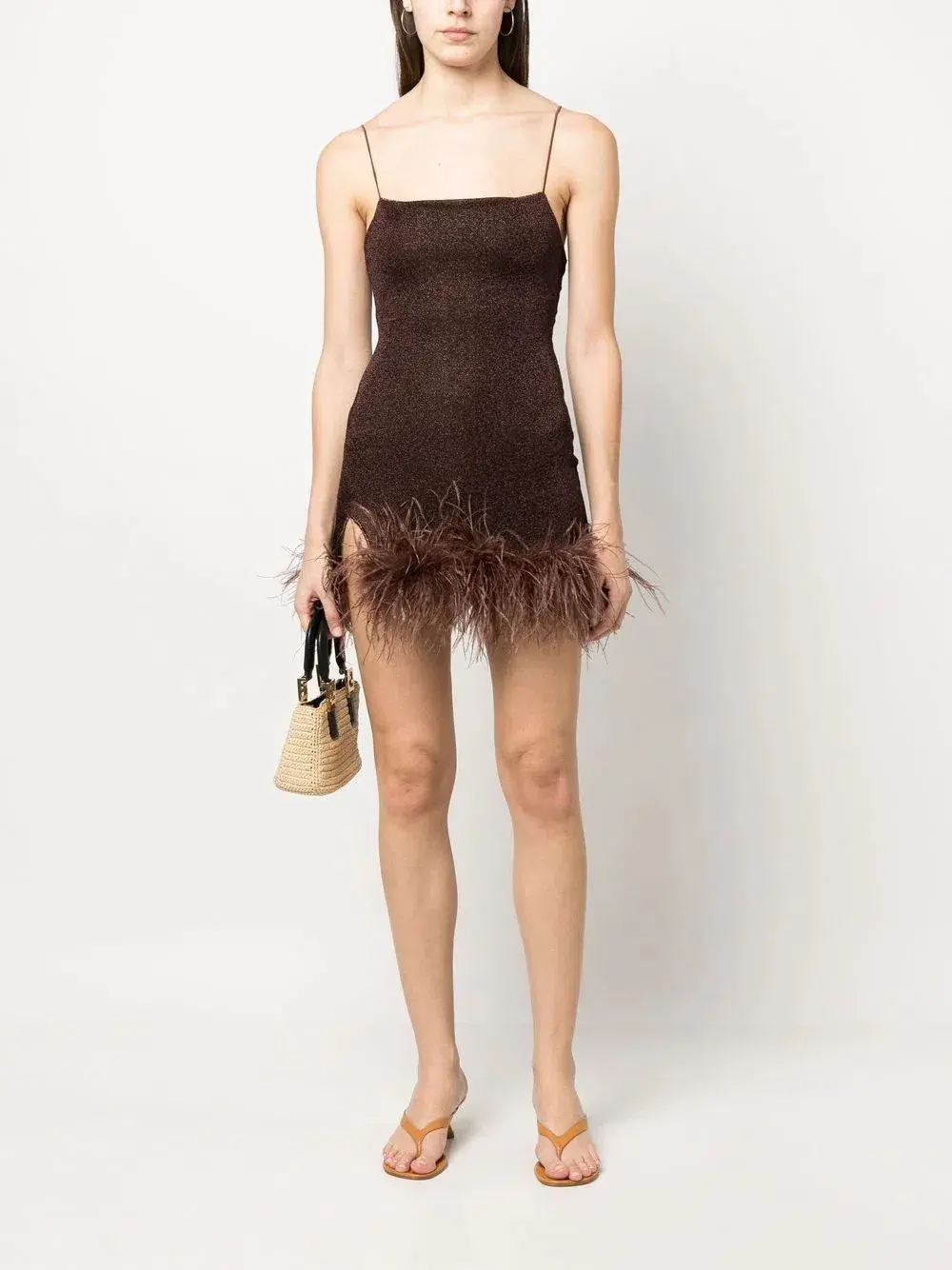 Oséree Feather Trim Glitter Mini Dress Brown Size 10 - Image 2