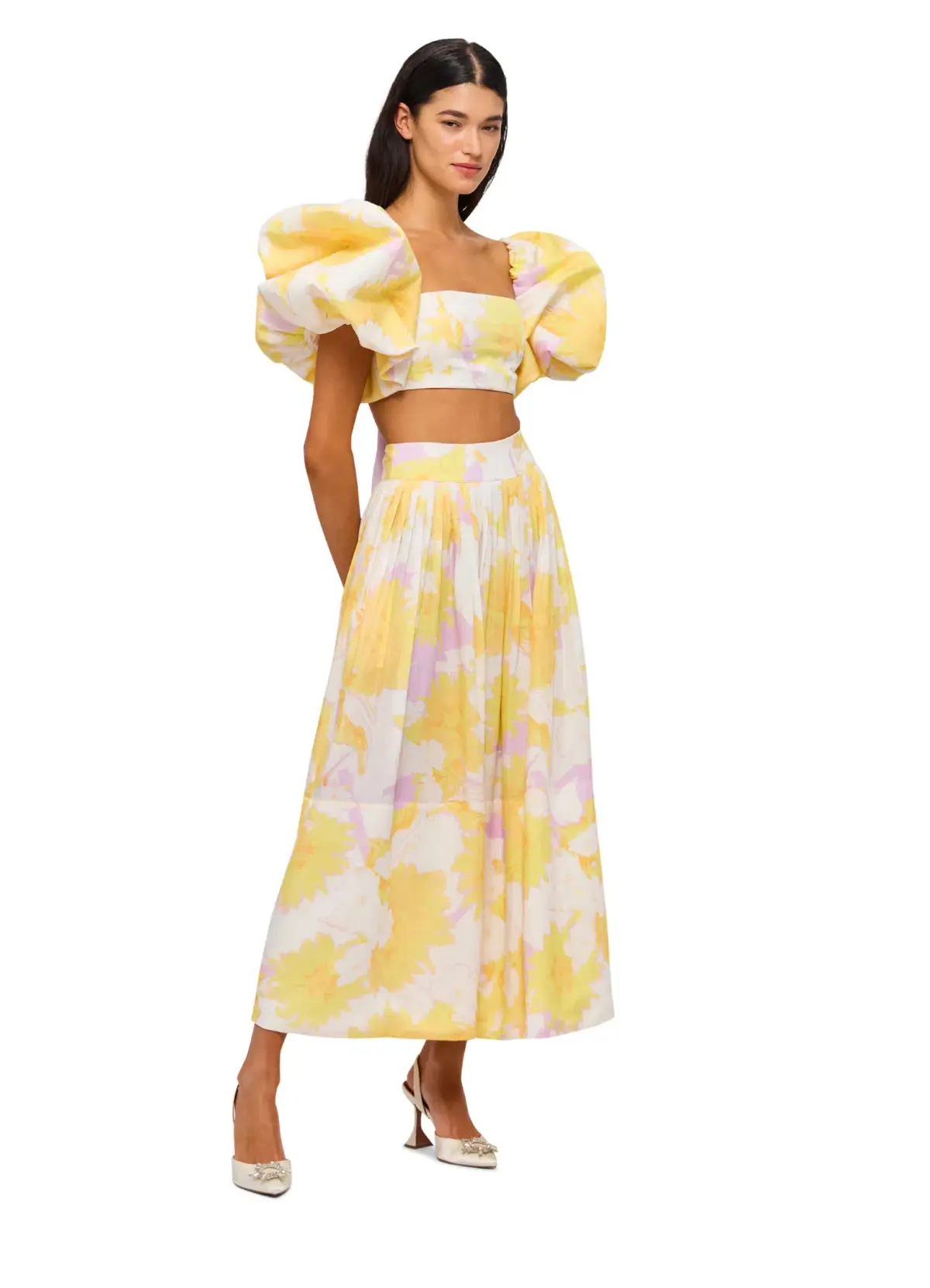 Leo Lin Simone Puff Top and Elina Pleated Midi Skirt Set Jasmine Print in Sun Size 8 - Image 3