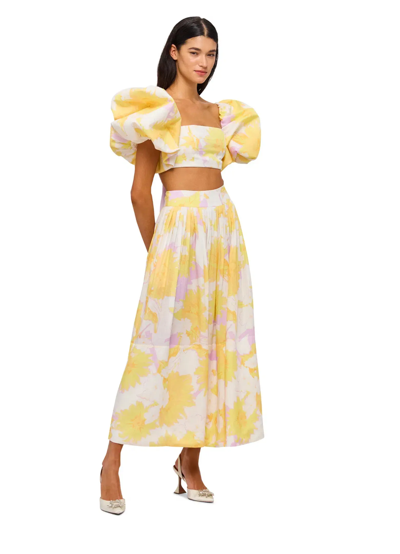 Leo Lin Simone Puff Top and Elina Pleated Midi Skirt Set Jasmine Print in Sun Size 8 - Image 3