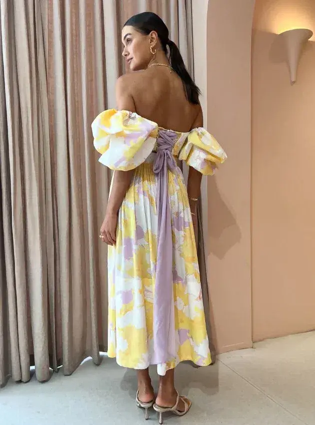 Leo Lin Simone Puff Top and Elina Pleated Midi Skirt Set Jasmine Print in Sun Size 8 - Image 2