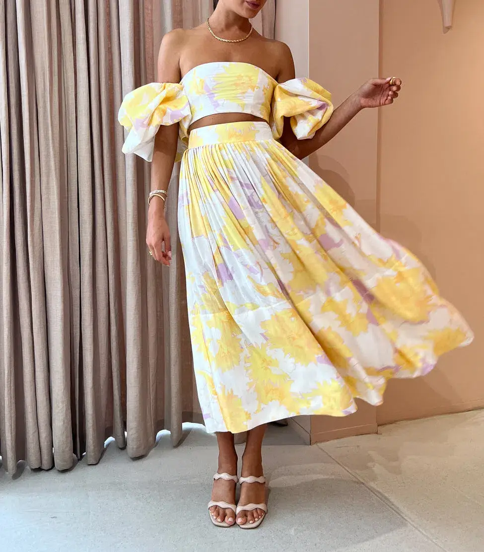 Leo Lin Simone Puff Top and Elina Pleated Midi Skirt Set Jasmine Print in Sun Size 8 for rent on The Volte - main image