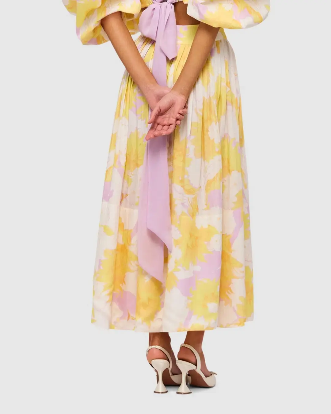 Leo Lin Simone Puff Top and Elina Pleated Midi Skirt Set Jasmine Print in Sun Size 8 for rent on The Volte - main image