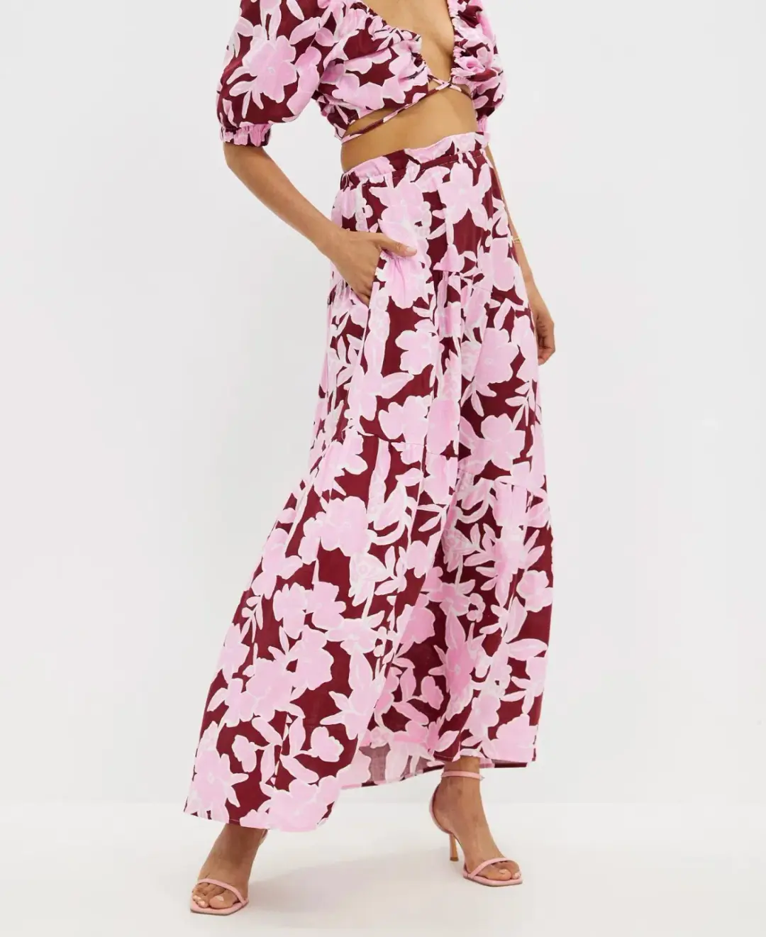 Aere Gathering Detail Linen Top Size 8 & Tiered Linen Maxi Skirt Size 10 Set in Malina Print for rent on The Volte - main image