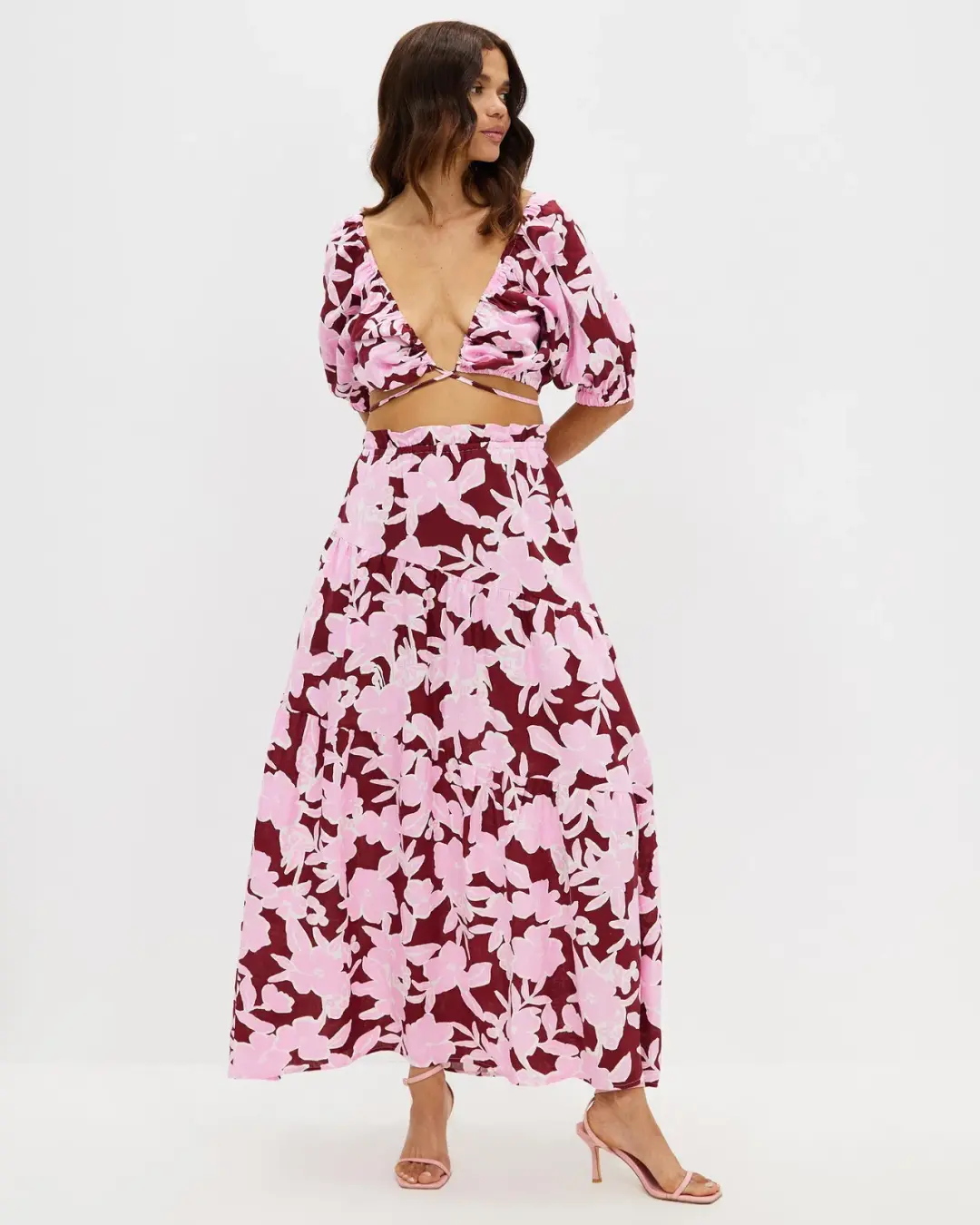 Aere Gathering Detail Linen Top Size 8 & Tiered Linen Maxi Skirt Size 10 Set in Malina Print for rent on The Volte - main image