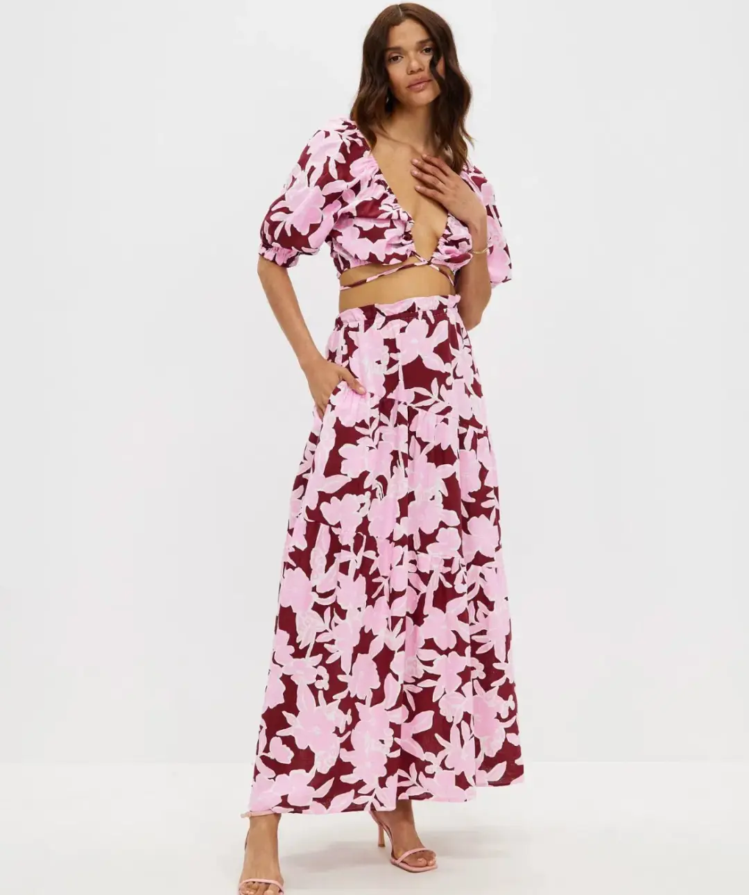 Aere Gathering Detail Linen Top Size 8 & Tiered Linen Maxi Skirt Size 10 Set in Malina Print for rent on The Volte - main image