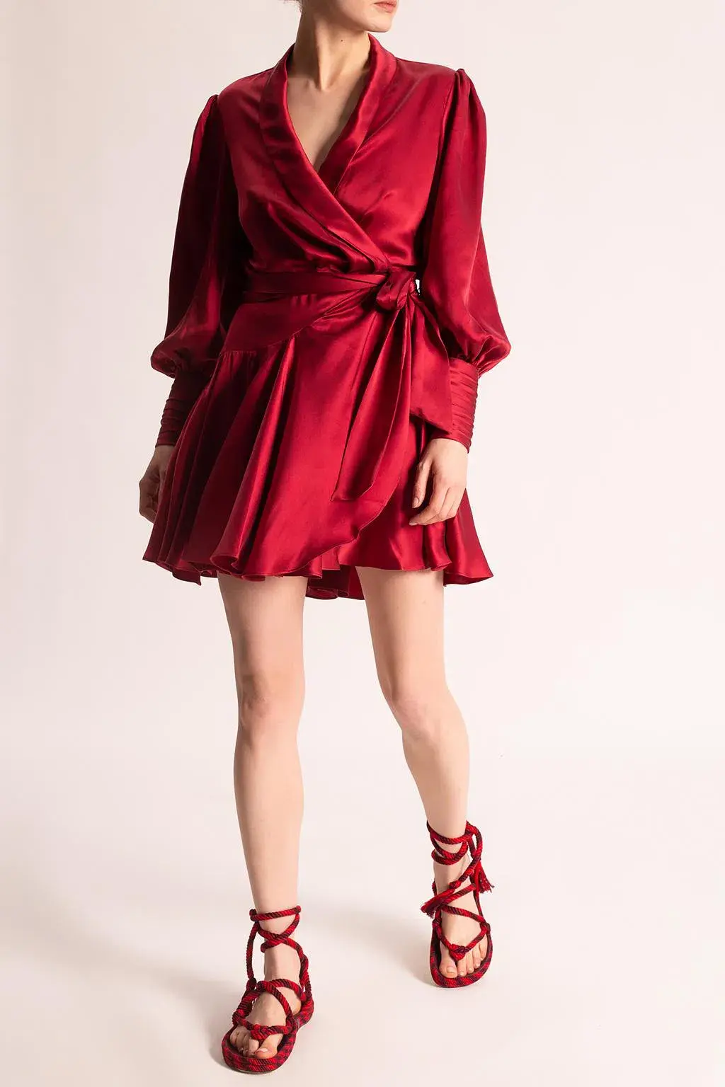 Zimmermann Silk Wrap Mini Dress With Long Sleeves in Garnet Size 2 / AU 12 for rent on The Volte - main image