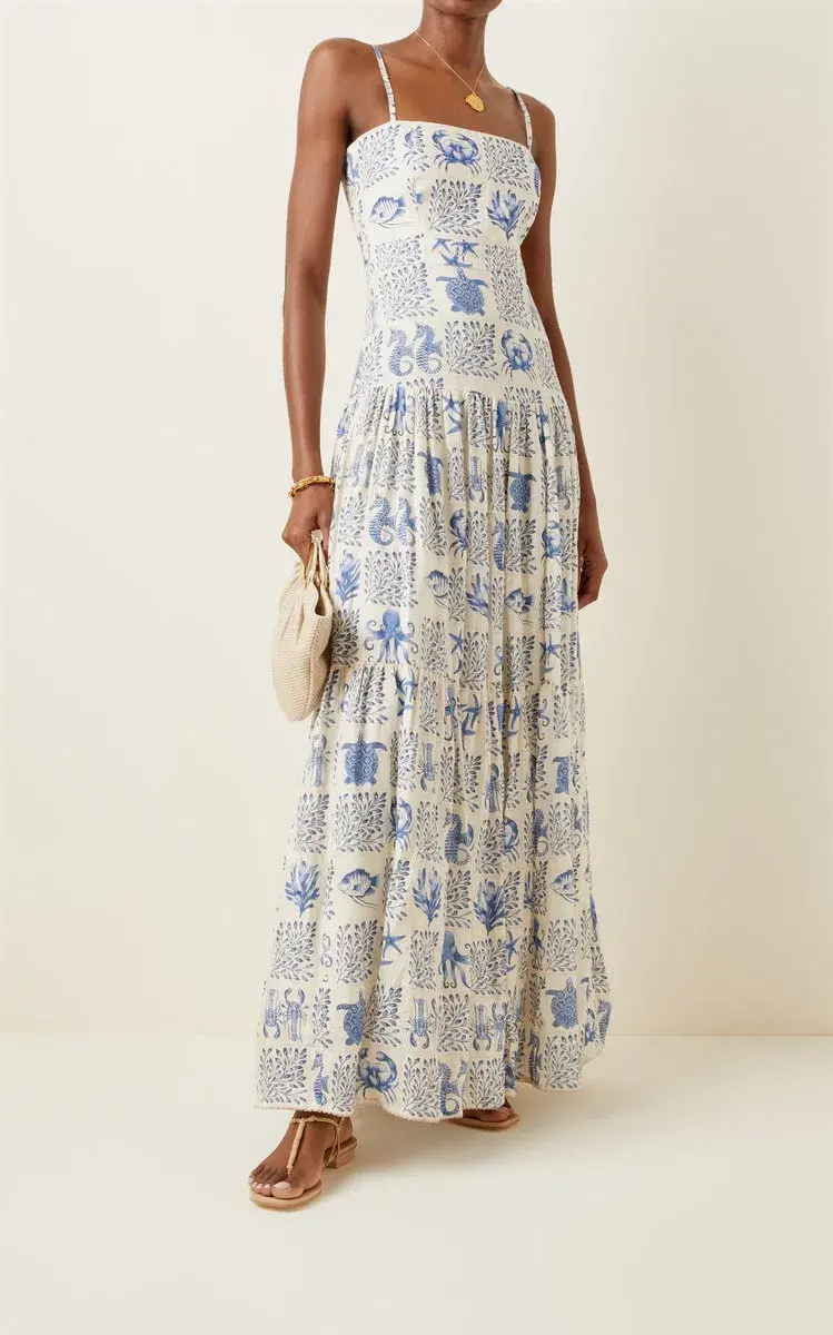 Agua by Agua Bendita Lima Tiered Printed Linen Maxi Dress in Print Size 8 - Image 3