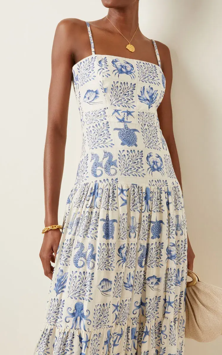 Agua by Agua Bendita Lima Tiered Printed Linen Maxi Dress in Print Size 8 - Image 2