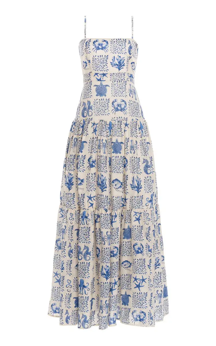 Agua by Agua Bendita Lima Tiered Printed Linen Maxi Dress in Print Size 8 - Image 5