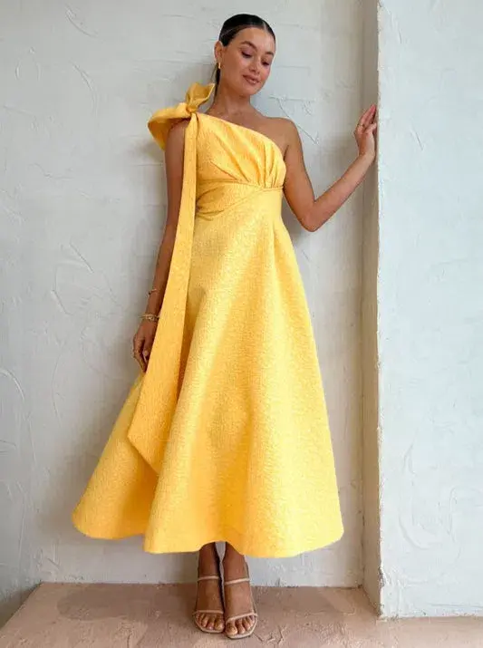 Rachel Gilbert Emiliano Midi One Shoulder In Lemondrop Size 6 for rent on The Volte - main image