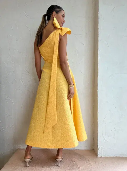 Rachel Gilbert Emiliano Midi One Shoulder In Lemondrop Size 6 for rent on The Volte - main image