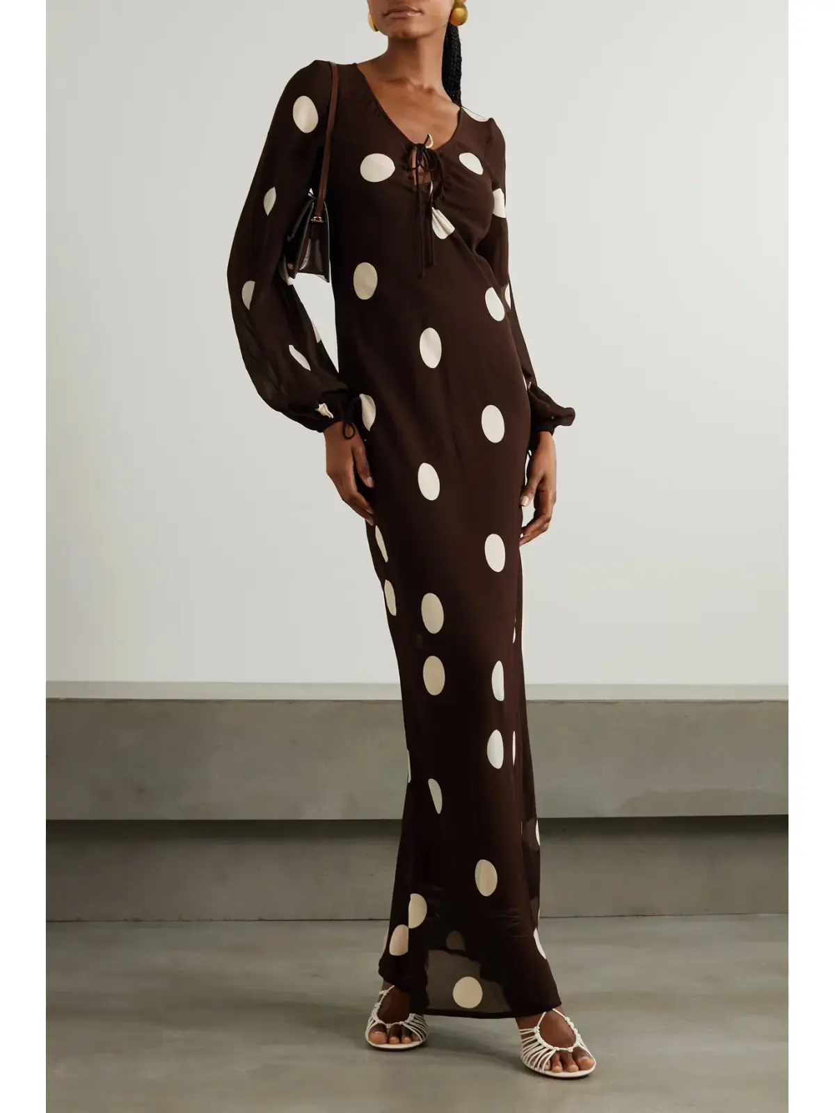 Faithfull the Brand Santos Polka Dot Georgette Maxi Dress Chocolate Size M / AU 10 - Image 1