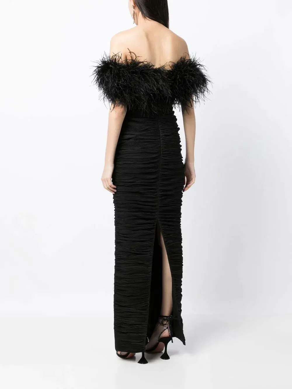 Rachel Gilbert Zion Feather Trim Ruched Gown Black Size 10 - Image 3